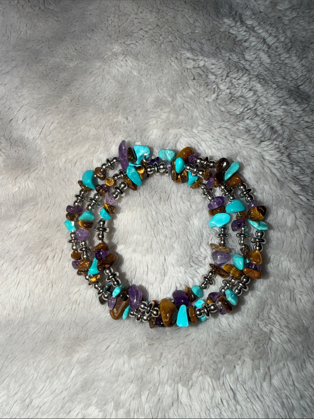 Beaded Gemstone Wrap Bracelet in Turquoise, Purple & Brown